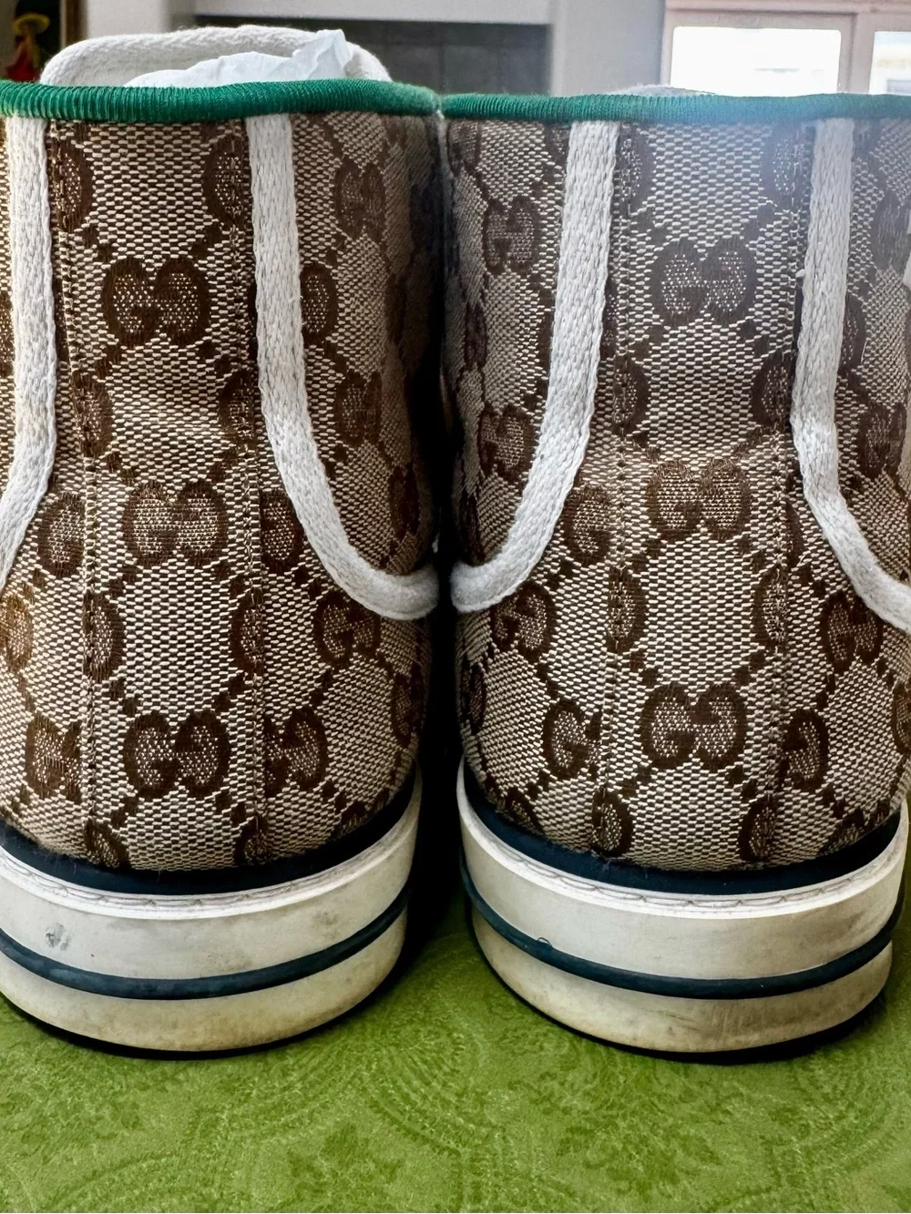 Gucci Beige GG Canvas High-Top Sneakers with Green and Red Web
